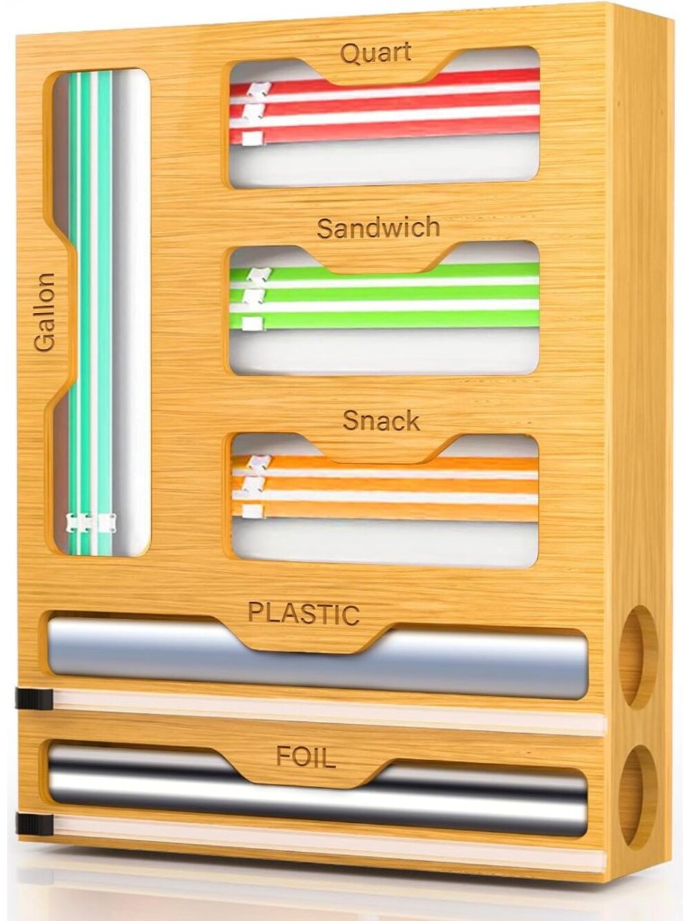 Bag Organizer and Plastic Wrap Dispenser with Cutter, 6 In 1 Bamboo Foil and Pla